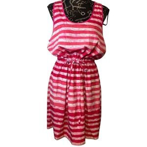 Gap‎ Pink White Striped Sleeveless Drawstring Waist Midi Dress Womens Large L